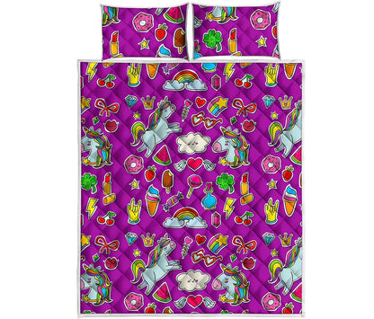 Purple Girly Unicorn Pattern Print Quilt Bed Set