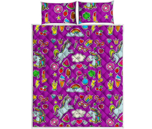 Purple Girly Unicorn Pattern Print Quilt Bed Set