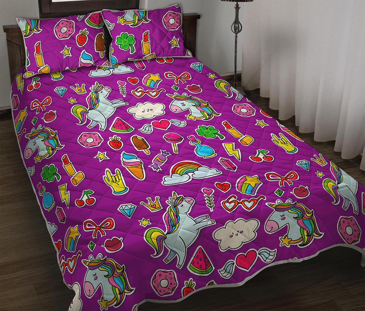 Purple Girly Unicorn Pattern Print Quilt Bed Set