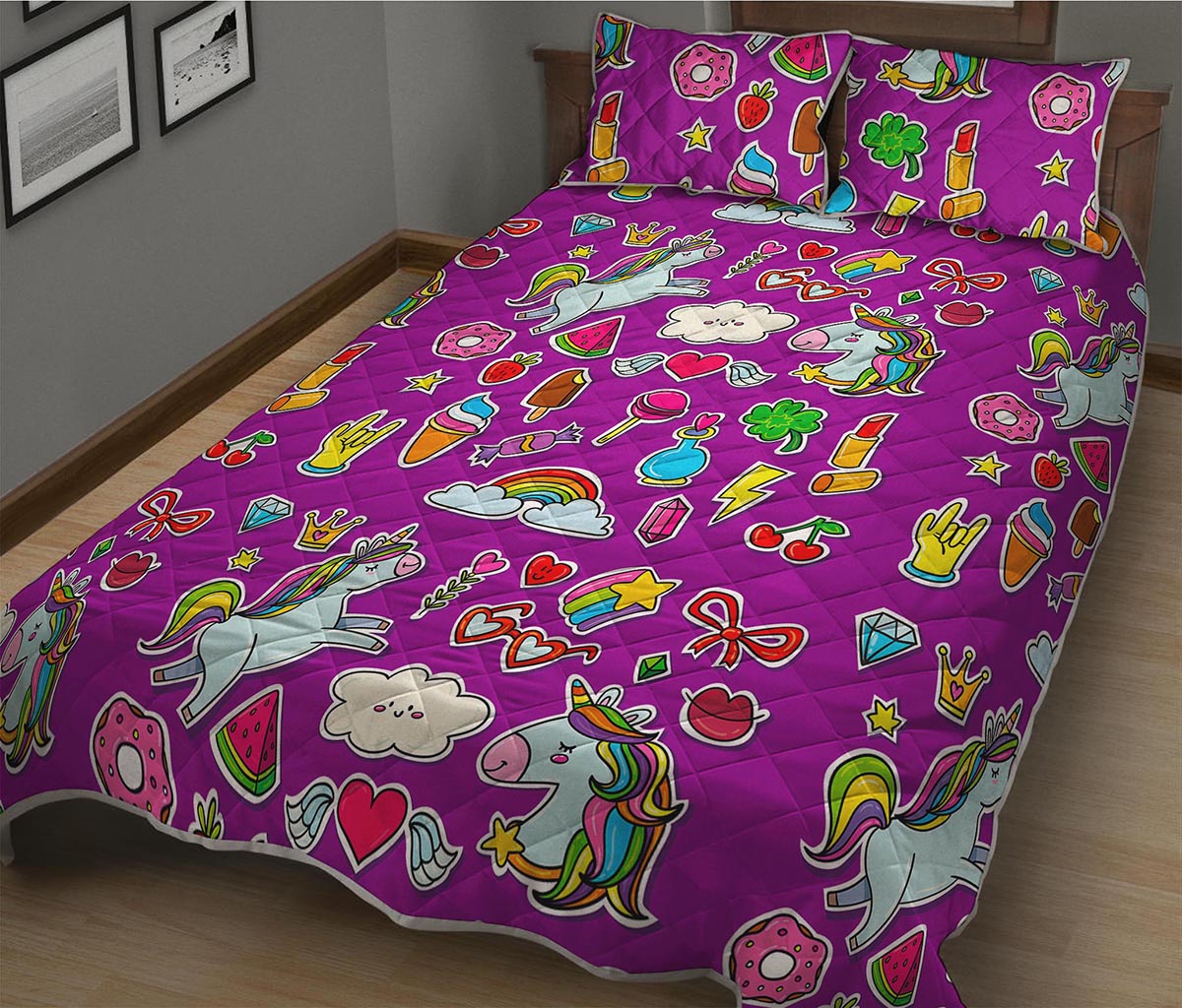 Purple Girly Unicorn Pattern Print Quilt Bed Set