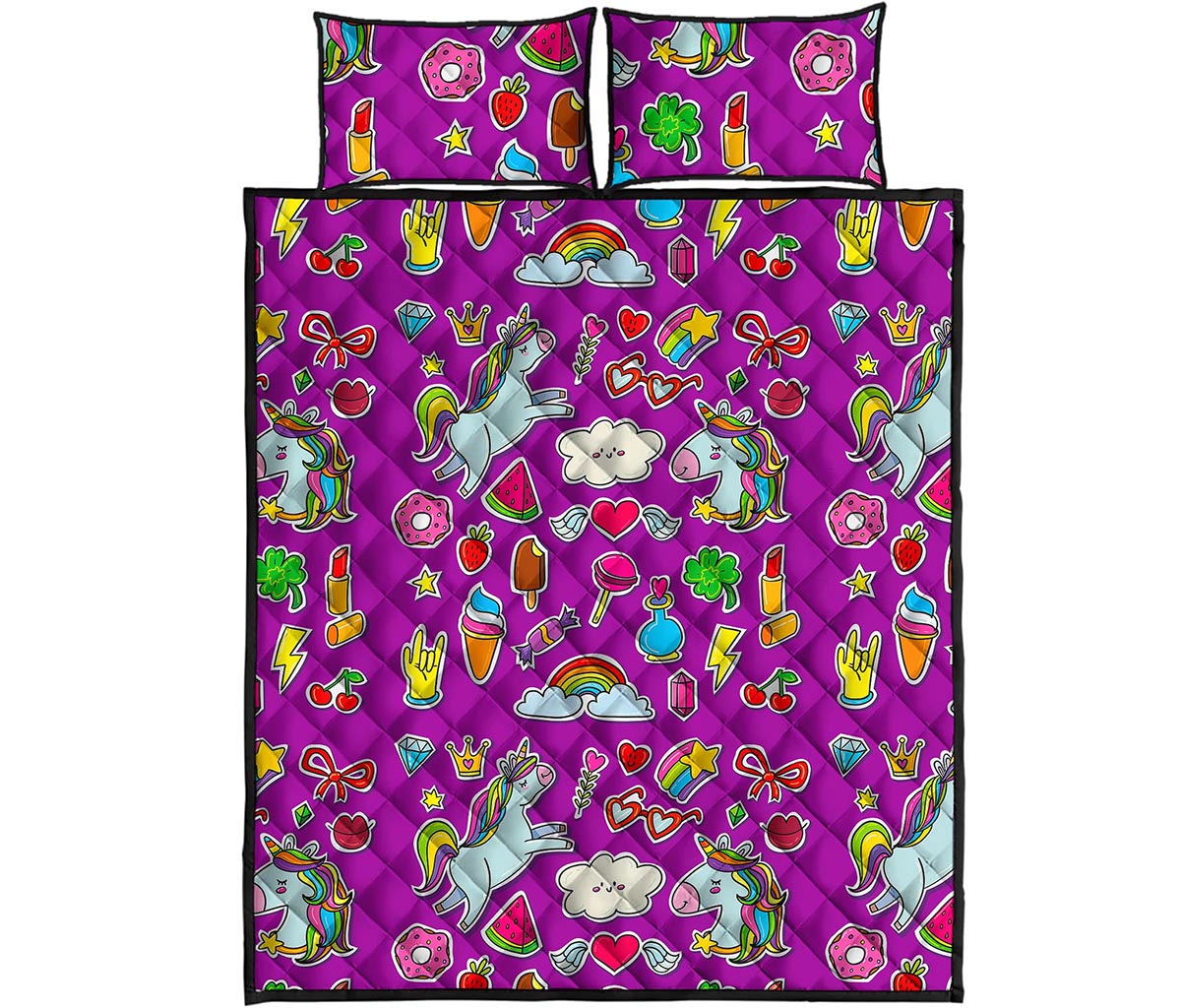 Purple Girly Unicorn Pattern Print Quilt Bed Set