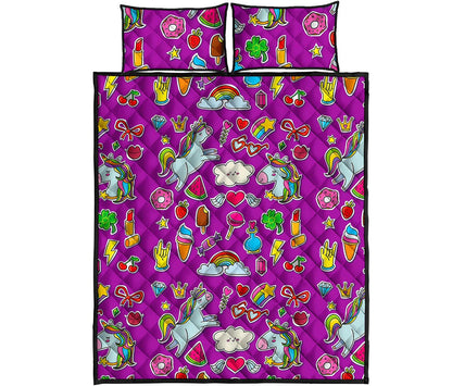 Purple Girly Unicorn Pattern Print Quilt Bed Set