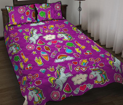 Purple Girly Unicorn Pattern Print Quilt Bed Set