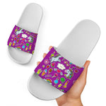 Purple Girly Unicorn Pattern Print White Slide Sandals