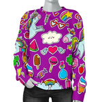 Purple Girly Unicorn Pattern Print Women's Crewneck Sweatshirt GearFrost