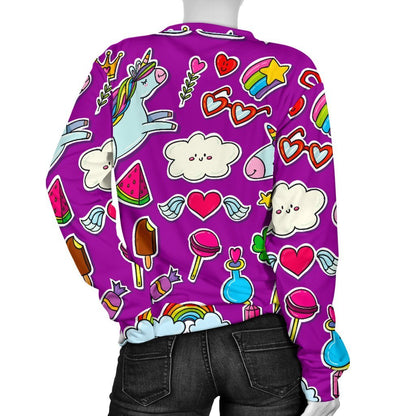 Purple Girly Unicorn Pattern Print Women's Crewneck Sweatshirt GearFrost