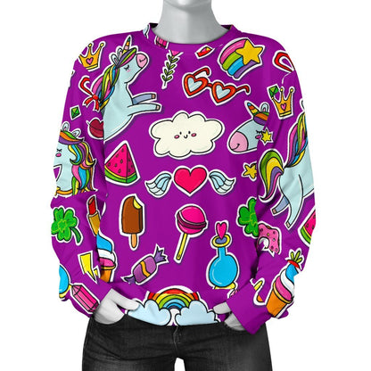 Purple Girly Unicorn Pattern Print Women's Crewneck Sweatshirt GearFrost