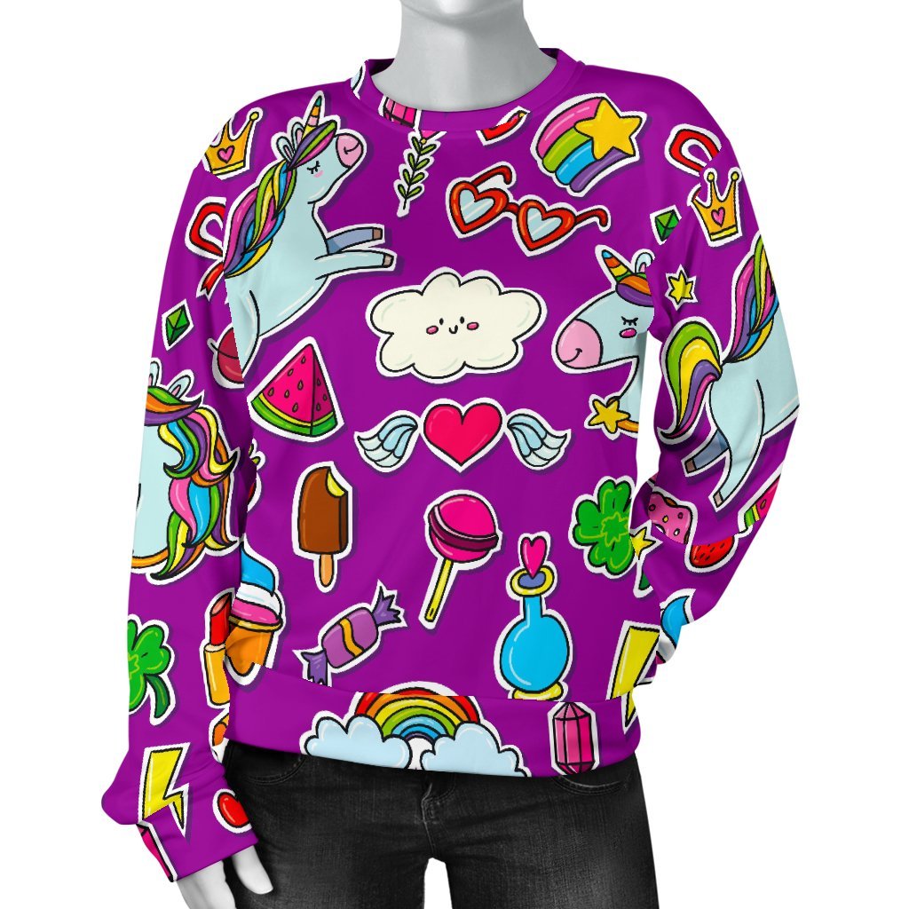 Purple Girly Unicorn Pattern Print Women's Crewneck Sweatshirt GearFrost