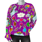 Purple Girly Unicorn Pattern Print Women's Crewneck Sweatshirt GearFrost