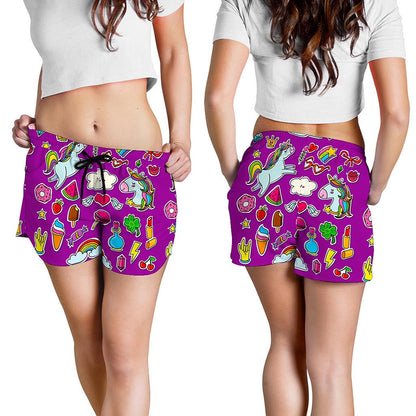 Purple Girly Unicorn Pattern Print Women's Shorts