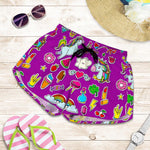 Purple Girly Unicorn Pattern Print Women's Shorts