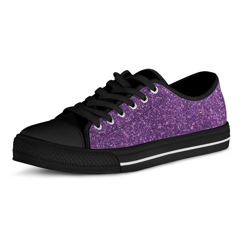Purple Glitter Texture Print Black Low Top Shoes