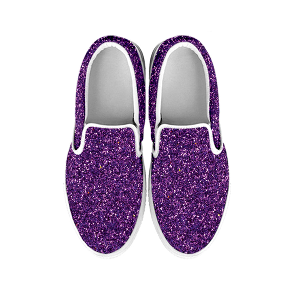 Purple Glitter Texture Print White Slip On Shoes
