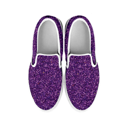 Purple Glitter Texture Print White Slip On Shoes