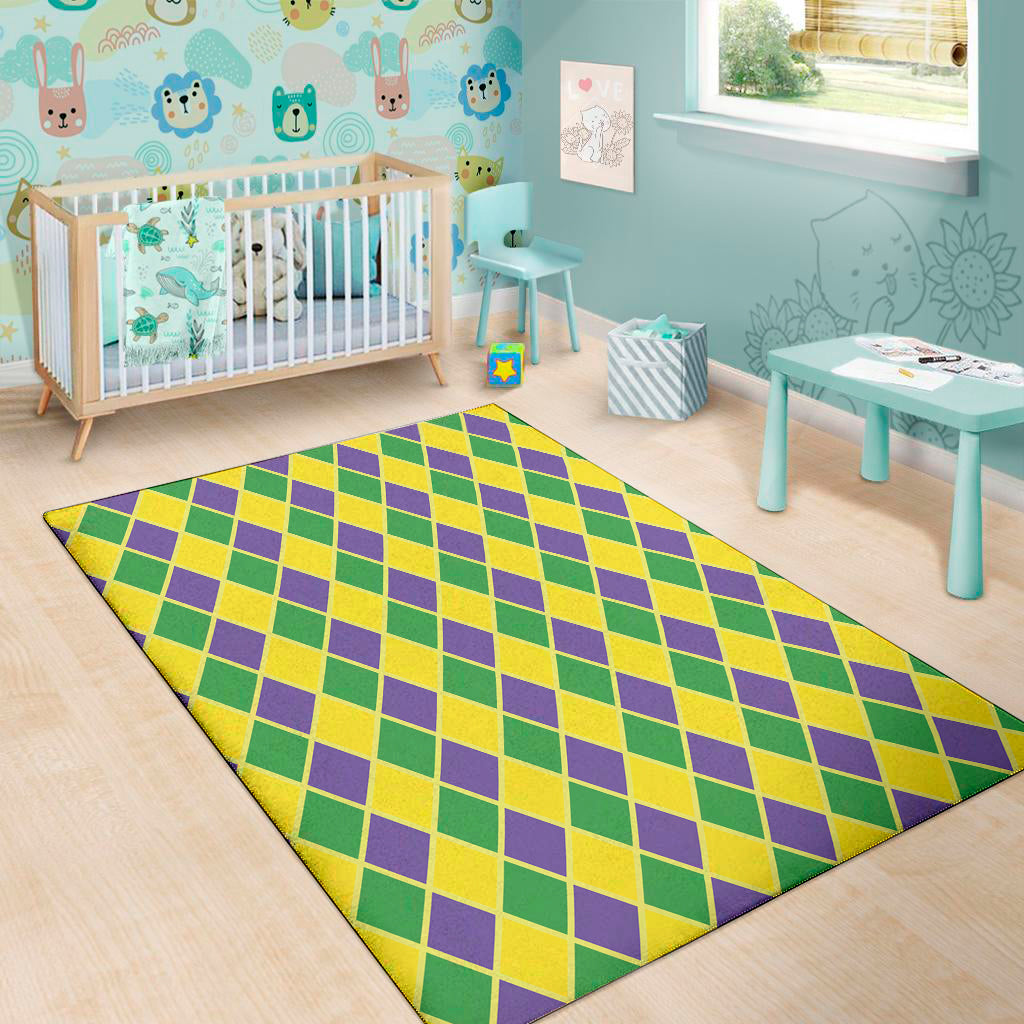 Purple Green And Yellow Mardi Gras Print Area Rug