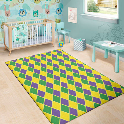 Purple Green And Yellow Mardi Gras Print Area Rug