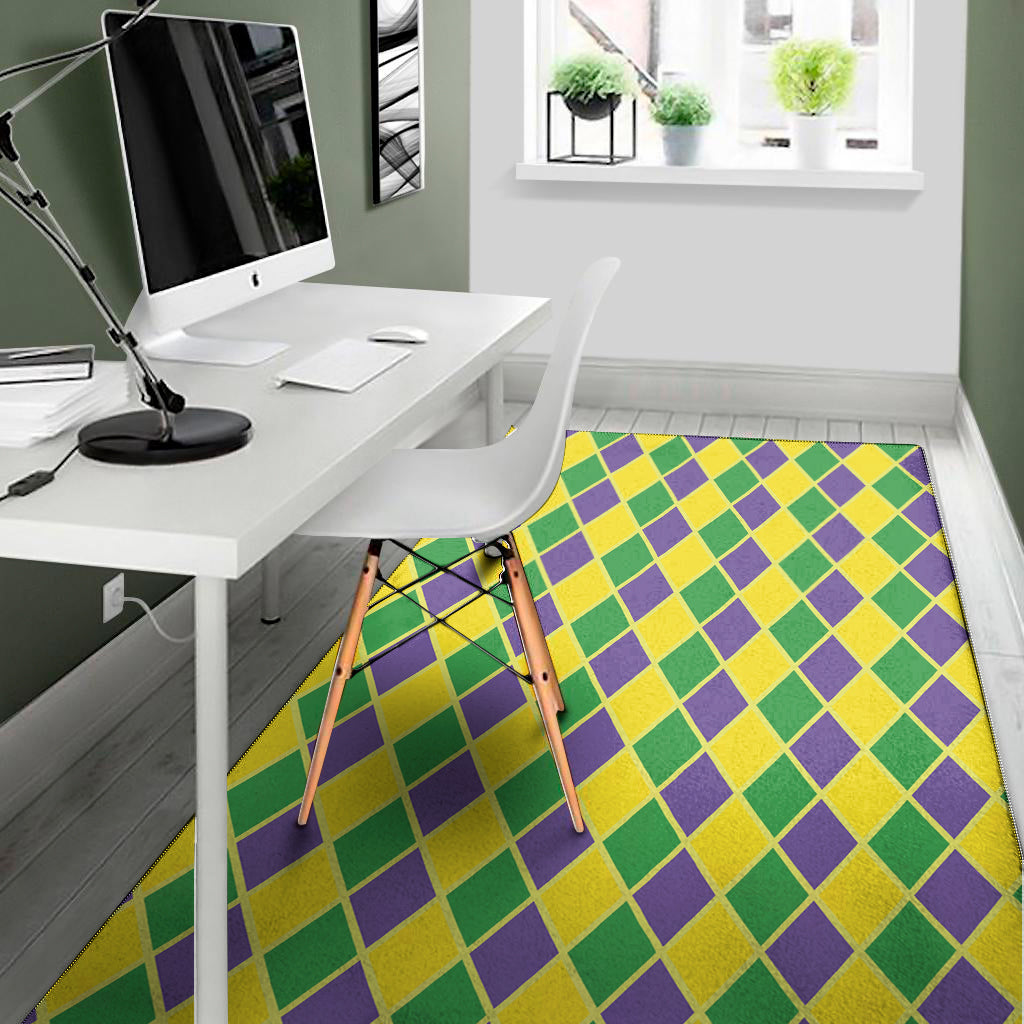 Purple Green And Yellow Mardi Gras Print Area Rug