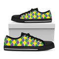 Purple Green And Yellow Mardi Gras Print Black Low Top Sneakers