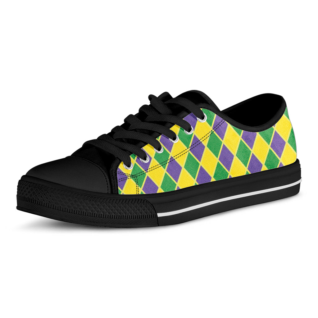 Purple Green And Yellow Mardi Gras Print Black Low Top Shoes