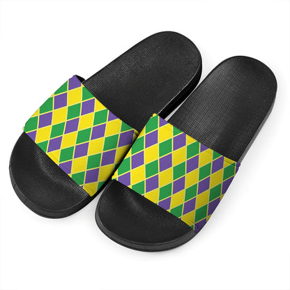 Purple Green And Yellow Mardi Gras Print Black Slide Sandals