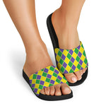 Purple Green And Yellow Mardi Gras Print Black Slide Sandals