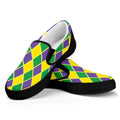 Purple Green And Yellow Mardi Gras Print Black Slip On Sneakers