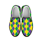 Purple Green And Yellow Mardi Gras Print Black Slip On Shoes