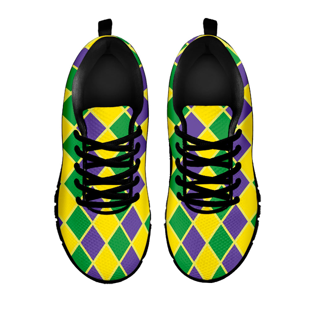 Purple Green And Yellow Mardi Gras Print Black Sneakers