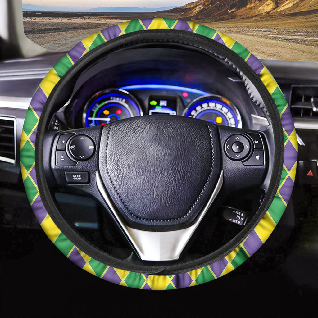 Purple Green And Yellow Mardi Gras Print Car Steering Wheel Cover