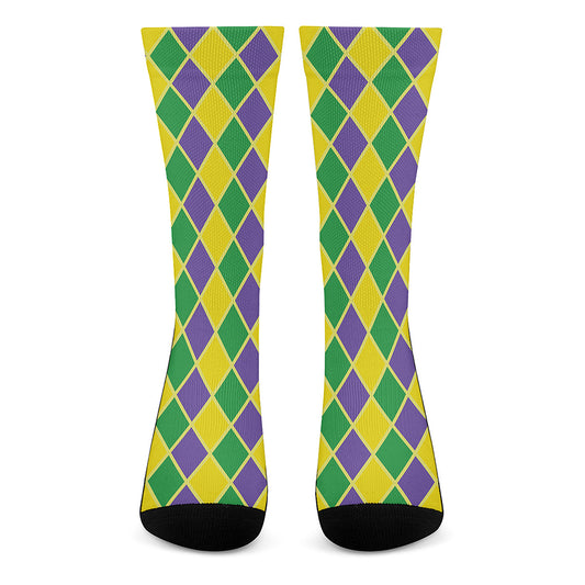 Purple Green And Yellow Mardi Gras Print Crew Socks