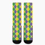 Purple Green And Yellow Mardi Gras Print Crew Socks