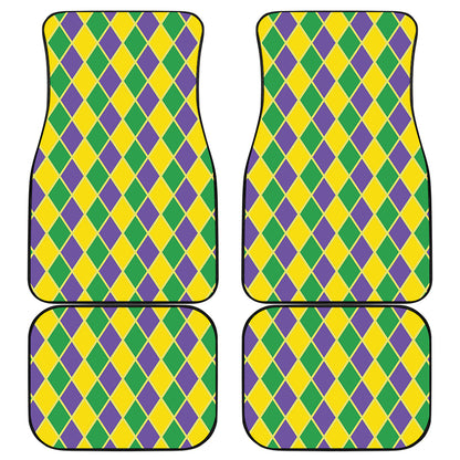 Purple Green And Yellow Mardi Gras Print Front and Back Car Floor Mats