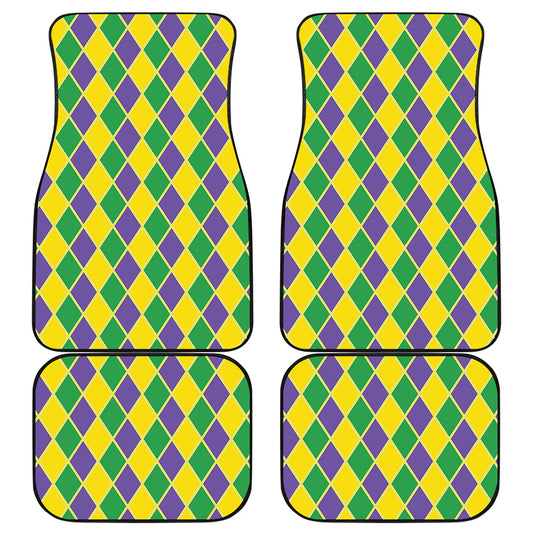 Purple Green And Yellow Mardi Gras Print Front and Back Car Floor Mats