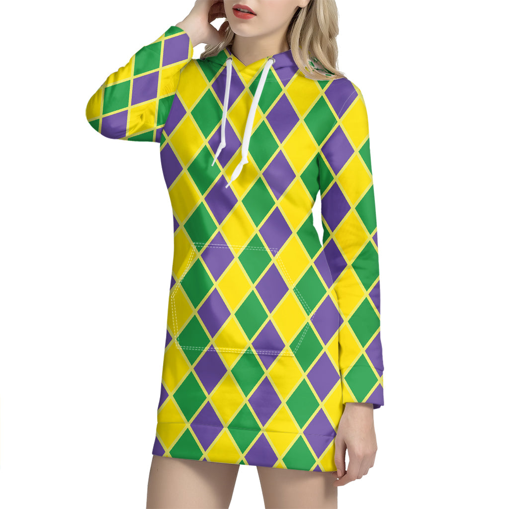 Purple Green And Yellow Mardi Gras Print Hoodie Dress