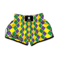 Purple Green And Yellow Mardi Gras Print Muay Thai Boxing Shorts