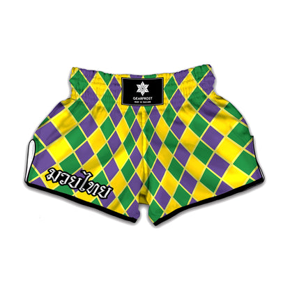 Purple Green And Yellow Mardi Gras Print Muay Thai Boxing Shorts