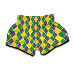 Purple Green And Yellow Mardi Gras Print Muay Thai Boxing Shorts