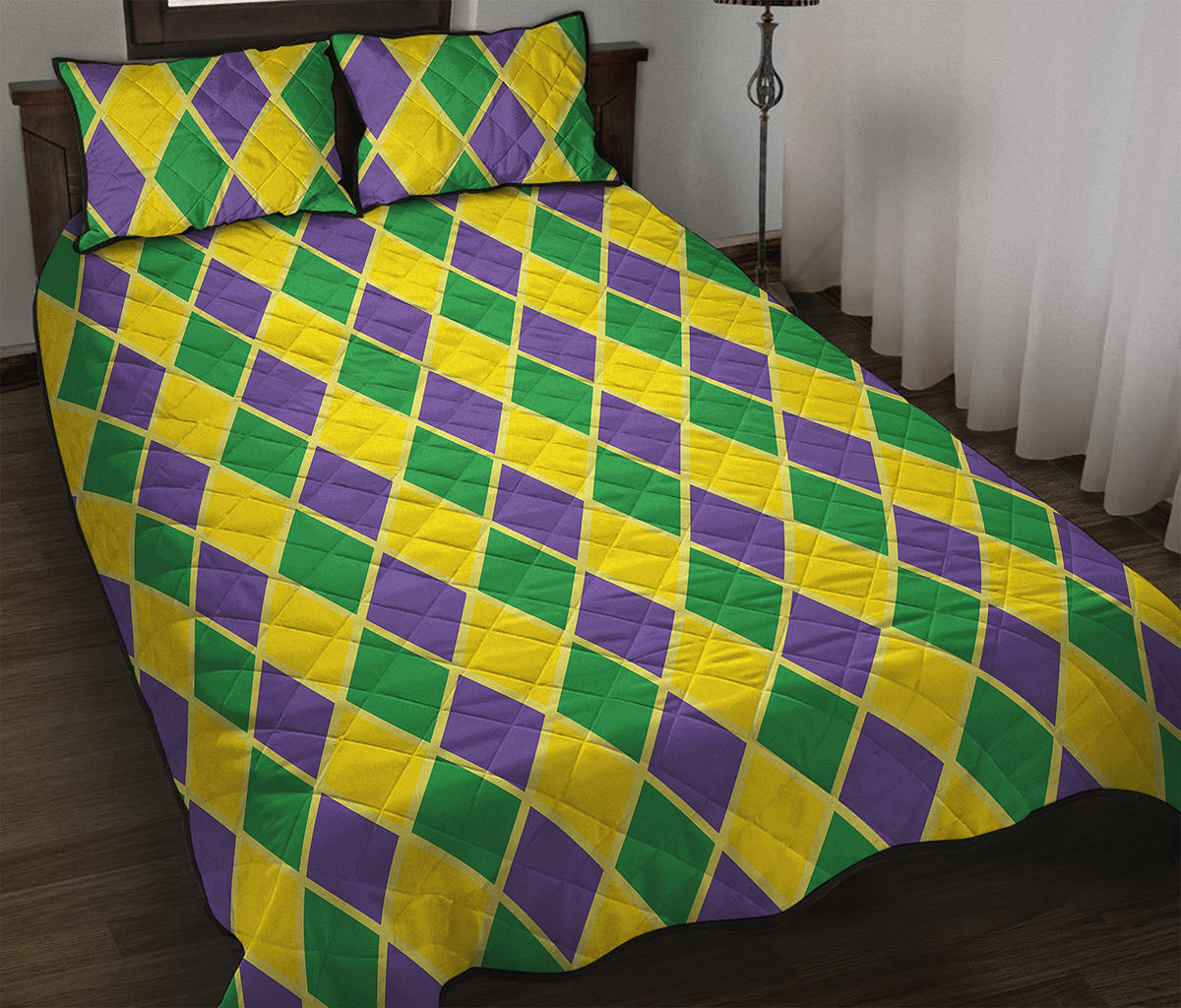Purple Green And Yellow Mardi Gras Print Quilt Bed Set