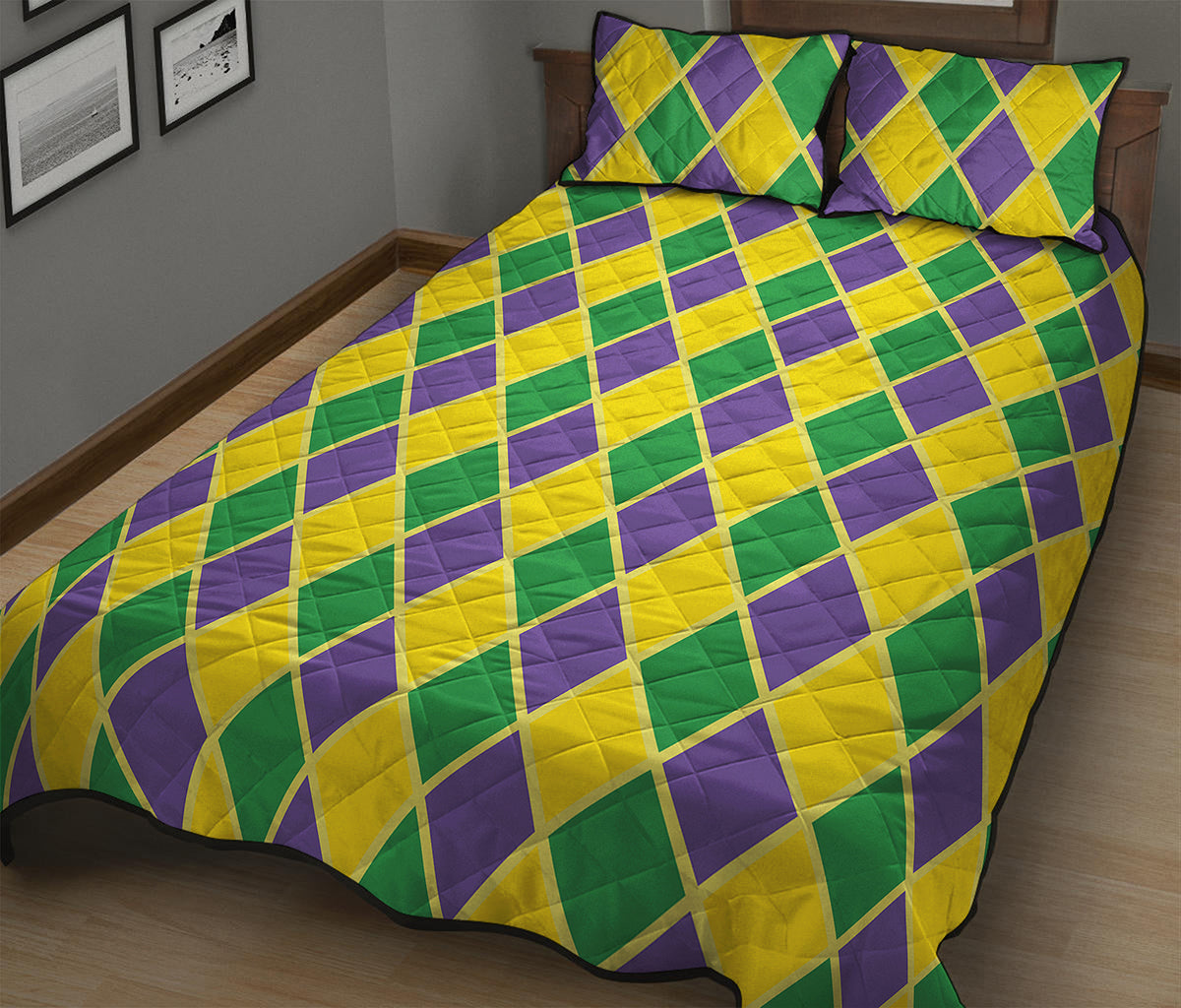 Purple Green And Yellow Mardi Gras Print Quilt Bed Set