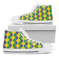 Purple Green And Yellow Mardi Gras Print White High Top Sneakers