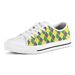 Purple Green And Yellow Mardi Gras Print White Low Top Shoes