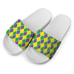 Purple Green And Yellow Mardi Gras Print White Slide Sandals