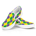 Purple Green And Yellow Mardi Gras Print White Slip On Sneakers