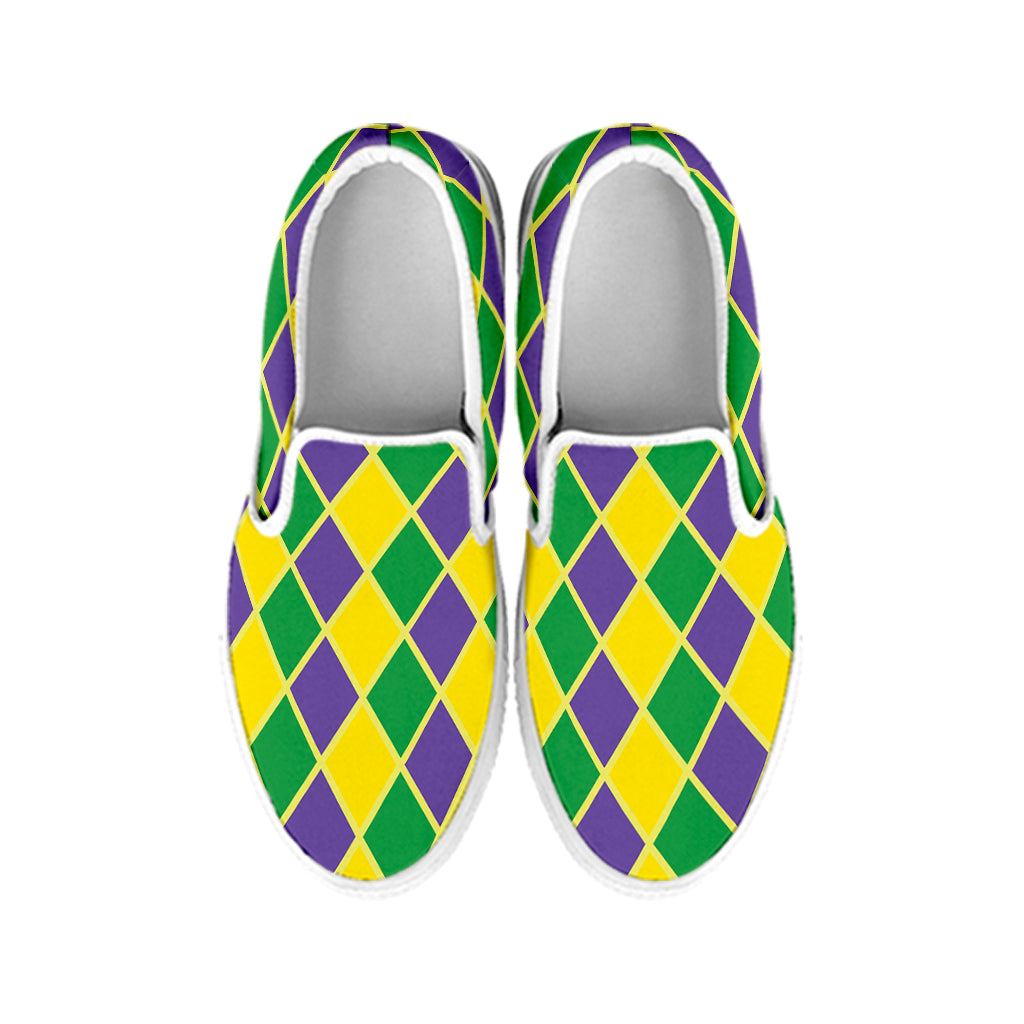 Purple Green And Yellow Mardi Gras Print White Slip On Shoes