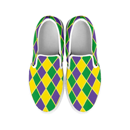 Purple Green And Yellow Mardi Gras Print White Slip On Shoes