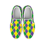 Purple Green And Yellow Mardi Gras Print White Slip On Shoes