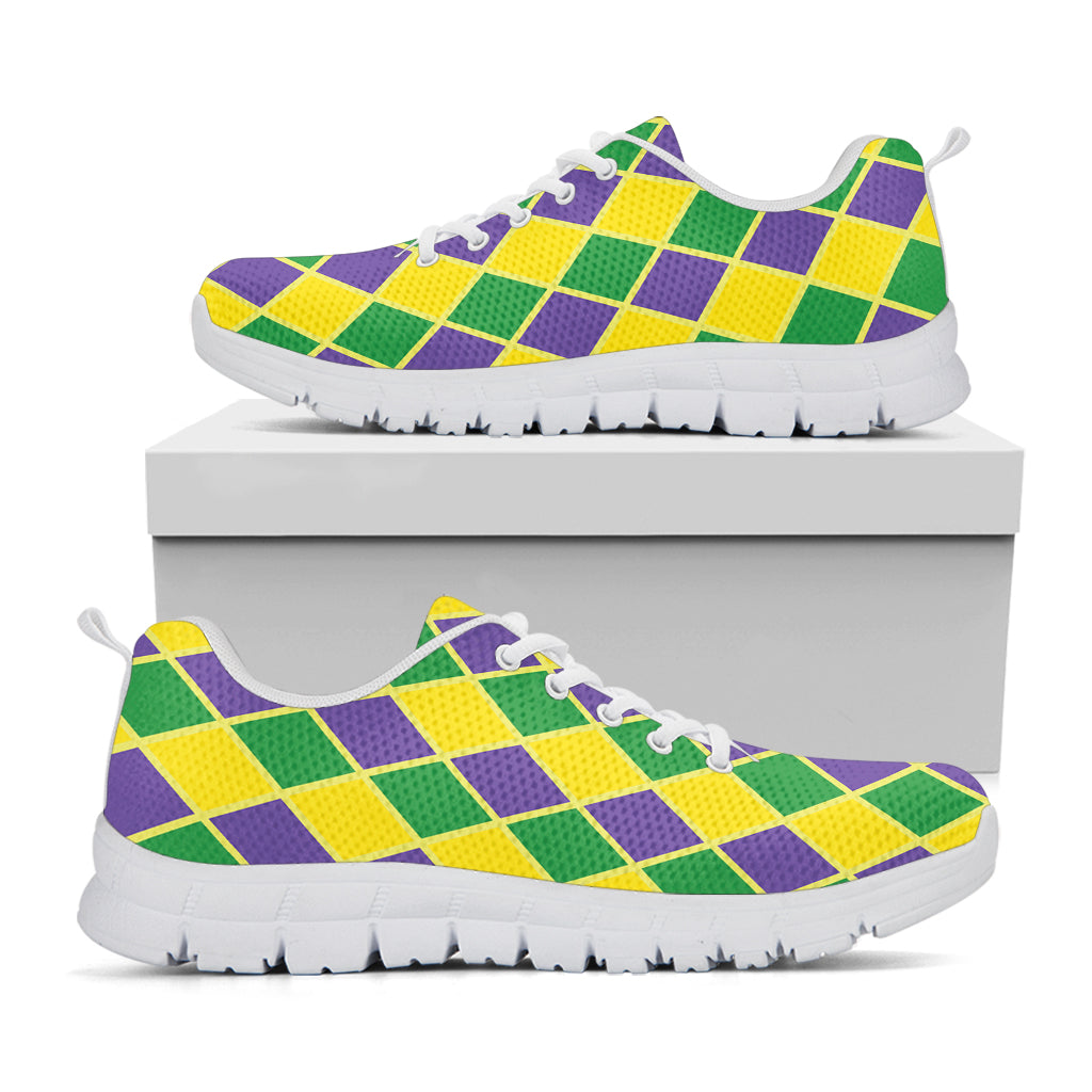 Purple Green And Yellow Mardi Gras Print White Sneakers