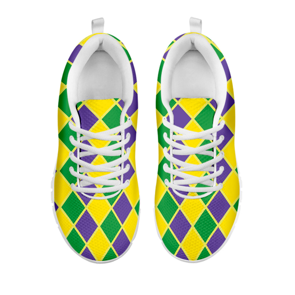 Purple Green And Yellow Mardi Gras Print White Sneakers