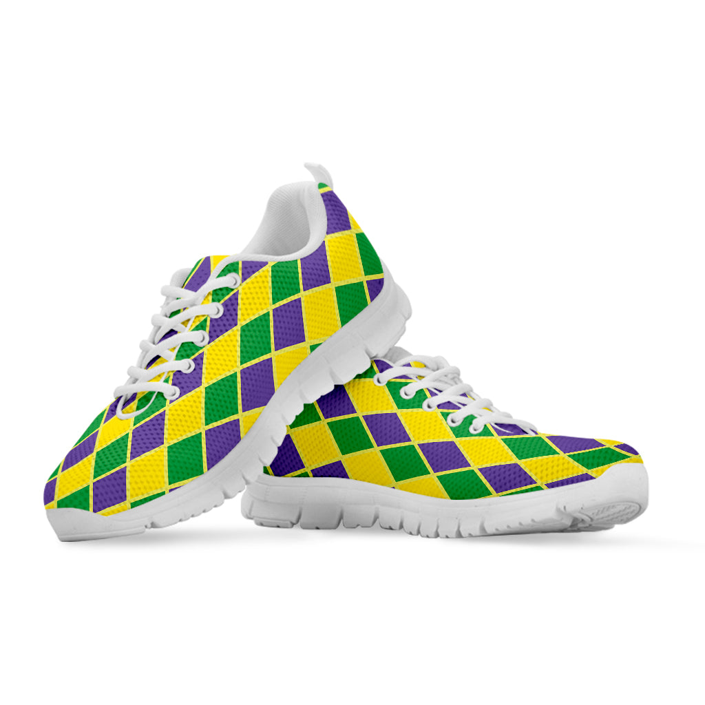 Purple Green And Yellow Mardi Gras Print White Sneakers