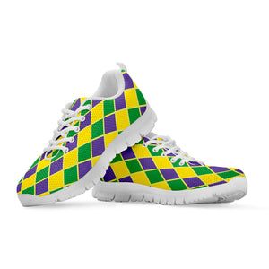 Purple Green And Yellow Mardi Gras Print White Sneakers